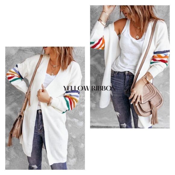 NEW Vintage 70’s 80’s White Rainbow Stripe Open Front Cardigan Sweater - Picture 7 of 8
